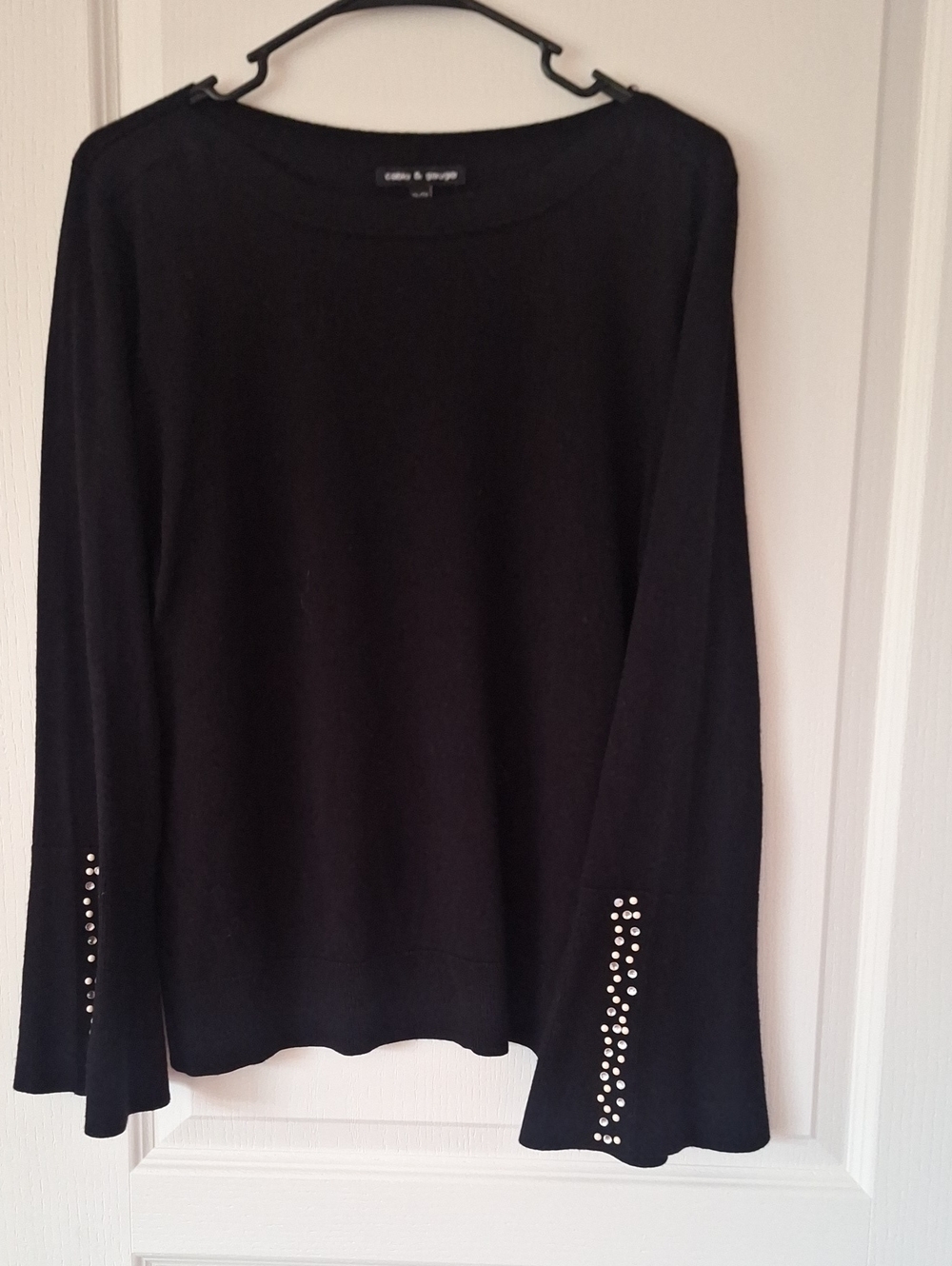Cable & Gauge Black Long-Sleeve Knit Sweater with Studded Cuff Detail
